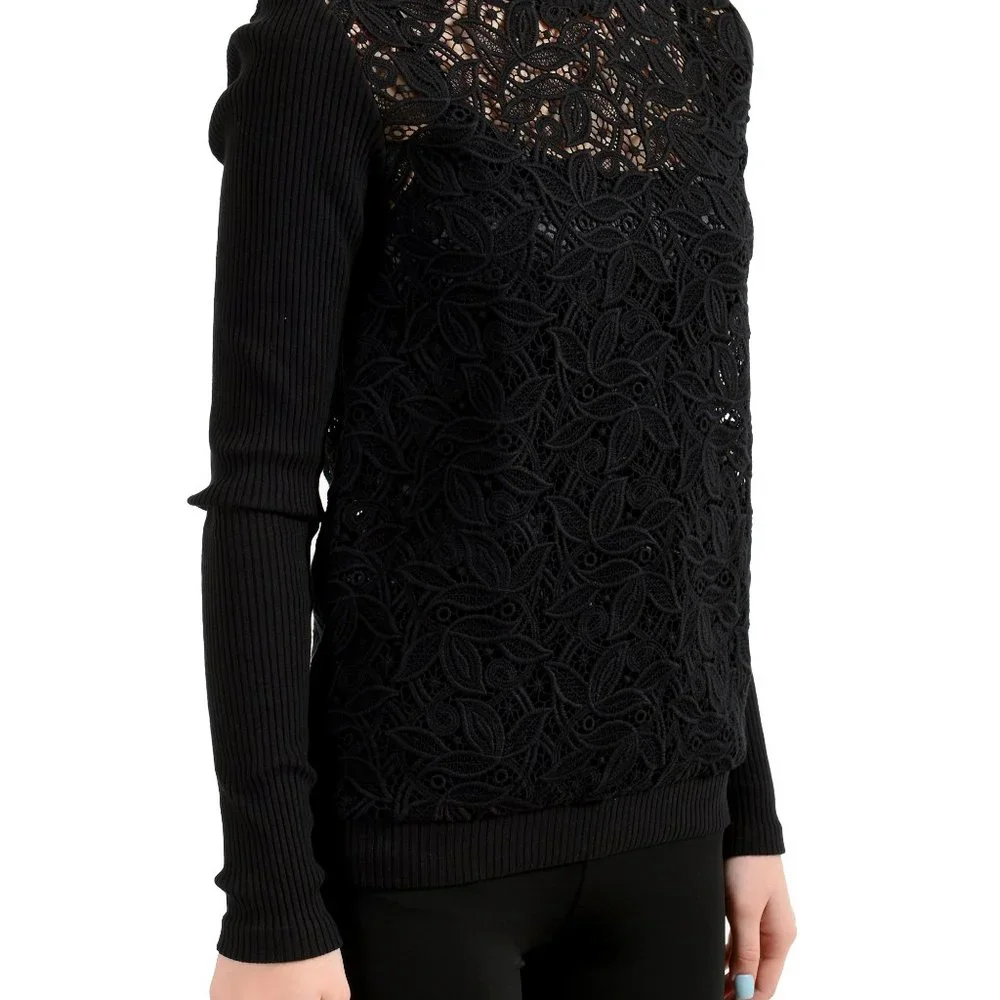 Versus by Versace Women's Black Floral Print Lace See Through Crewneck Sweater - Picture 2 of 7